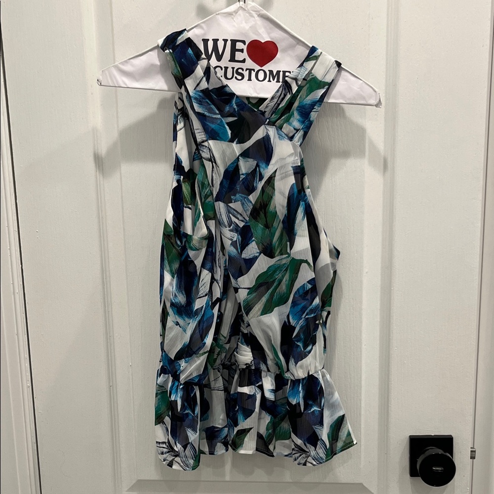 White House Black Market Blue and Green Leaf Print Blouse
